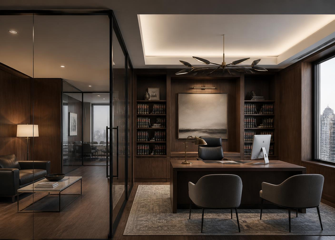 Refined interior with walnut millwork and designer lighting