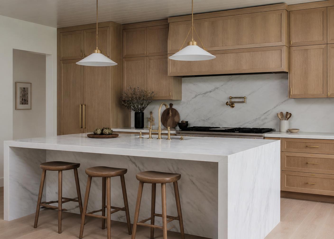 Honed marble waterfall island with unlacquered brass faucet and custom oak cabinetry
