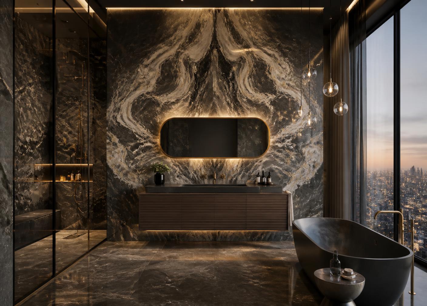 Luxury penthouse bathroom with book-matched stone slab and designer lighting